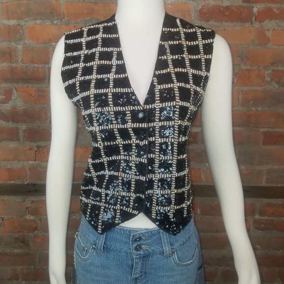 VTG Women's Vest Black w/Sequins Beads Pearls on F - Picture 2 of 6